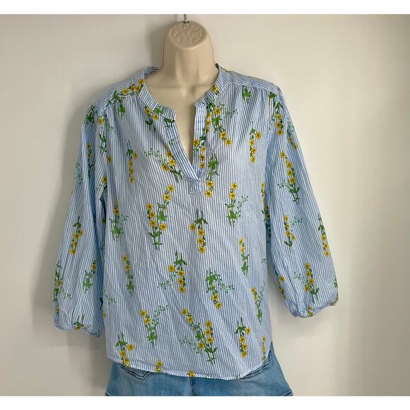 NAUTICA Jeans Floral Blue Stripes Top Blouse Large 3/4 Sleeve Office Preppy - Picture 4 of 13
